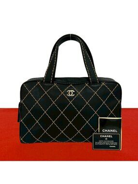 Chanel Card Wild Stitch CC Logo Leather Boston Bag Black